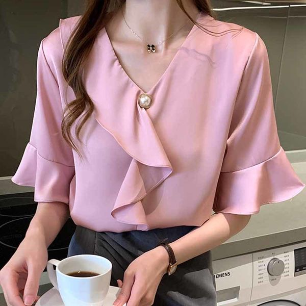 

blouse women blusas camisas mujer short sleeve blouse women shirts ruffles v-neck chiffon blouse shirt women blouses d311 210426, White