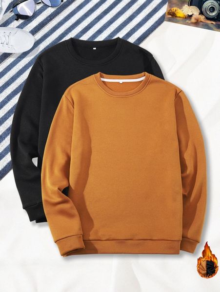 

men 2pcs solid thermal pullover h56n#, Black