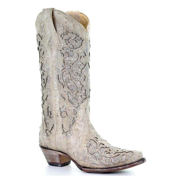 

boots women`s white glitter inlay western inlaid diamond footwears corral, Black