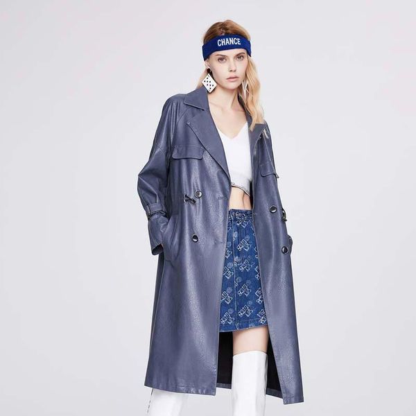 

women's leather & faux rey blue autumn clothing loose casual jacket double dreasted overthe knee pleated waistband woman outerwear, Black