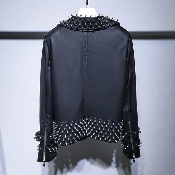 

women's leather & faux genuine personality jacket women zip rivet punk short jackets female real sheepskin coat fashion motorcycle oute, Black