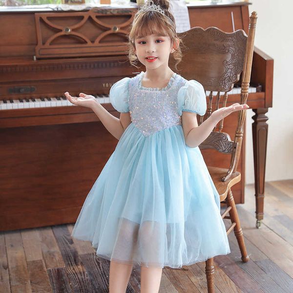 Ice Blue Lolita Girls Princess Princess платье для детей Старый тюль Sundress Шириженная марлевая язваная блестящая одежда 210529