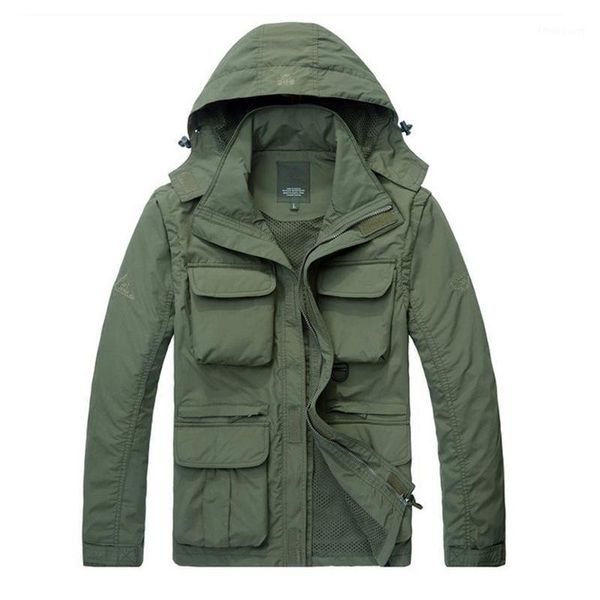 

men's jackets autumn jacket men military casual hooded collar mesh liner hat &sleeve removable summer many pockets m-4xl coat, Black;brown