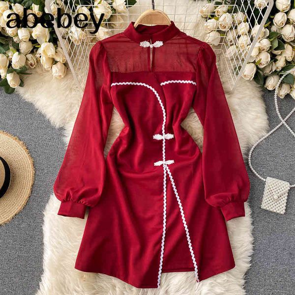 

women retro modified cheongsam dress design stand collar puff sleeve solid autumn korean a-line short es 210512, Black;gray