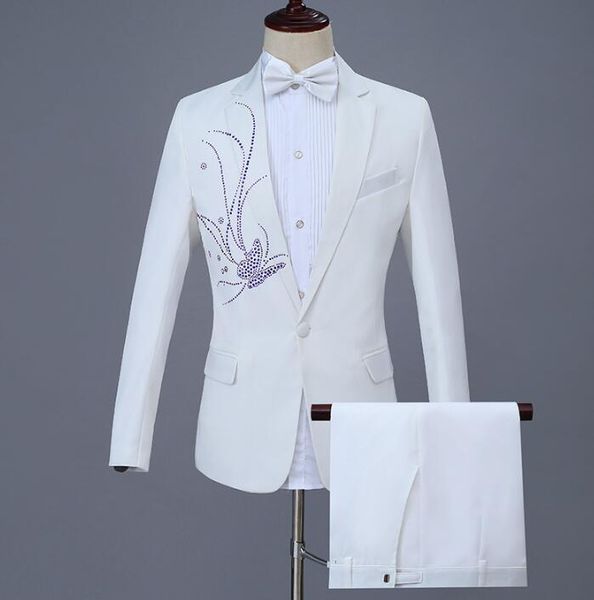 

men's suits & blazers 2021 arrival slim white stage men suit set with pants mens wedding bright diamond formal dress groom + pant, White;black