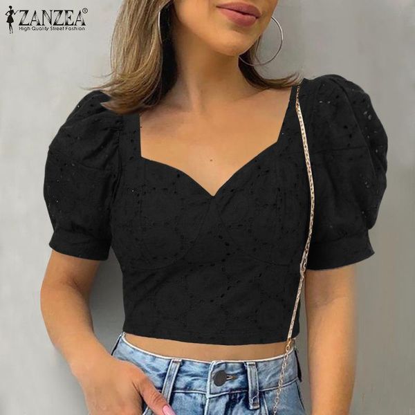 

women's blouses & shirts fashion y2k casual v neck blusa women elegant hollow out 2022 summer solid short tunic lady party puff s, White