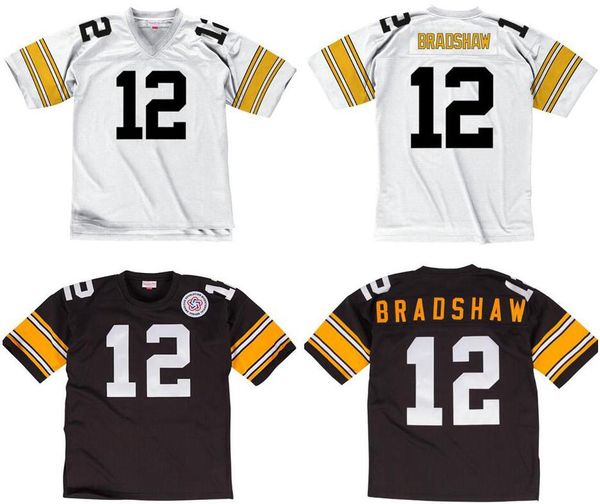 

stitched football jersey 12 terry bradshaw 1975 mitchell & ness retro rugby jerseys men women youth s-6xl, Black;red