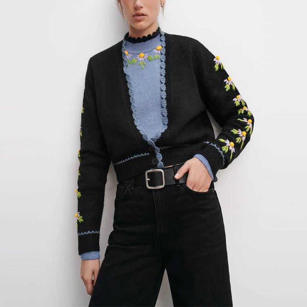

za black cropped embroidered knit cardigan women long sleeve embroidery floral knitted sweater female winter vintage 210602, White;black