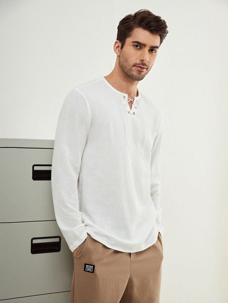 

men grommet lace up front shirt 99bt#, White;black