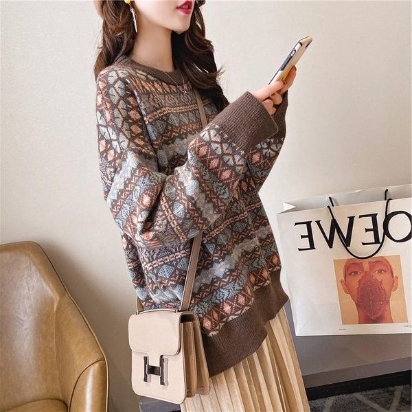 

women's sweaters autumn and winter 2021 fluffy round neck sweater for women, plaid korean loose jacket, knitwear trend, White;black