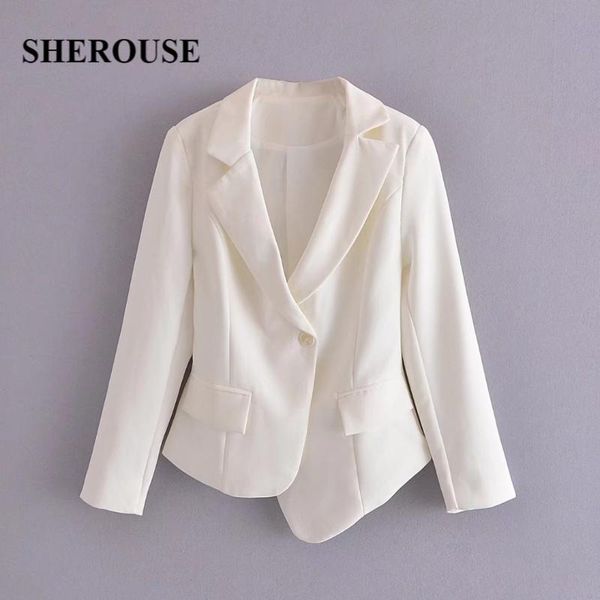 

women's suits & blazers sherouse women fashion single button solid cropped blazer vintage notched neck long sleeves office lady suit, White;black