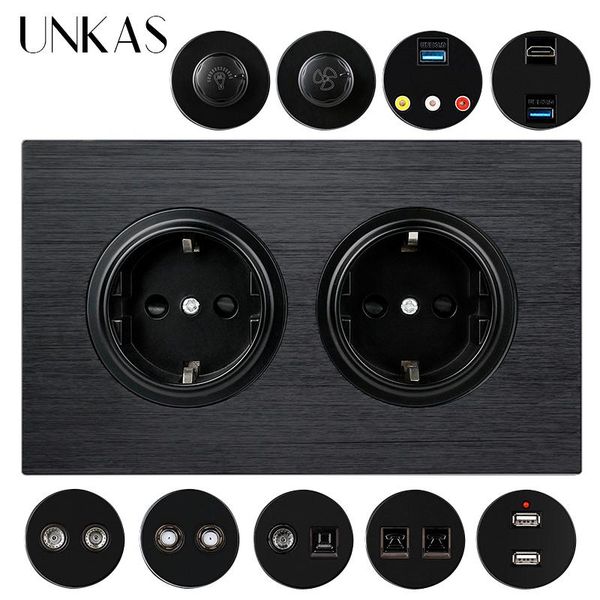 

dual eu black aluminum panel socket + -compatible usb jack tv rj11 telephone rj45 internet dimmer fan regulator switch smart home contro con