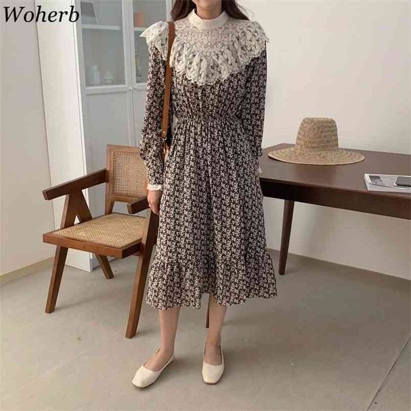 

elegant floral midi dress heavy lace crochet patchwork robe femme roupas korean stand neck slim waist chiffon dresses 210519, Black;gray