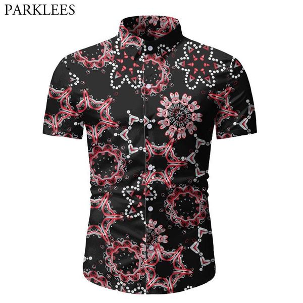 

men's casual shirts floral print fashion shirt men 2021 stylish slim fit short sleeve mens party social male 3xl, White;black