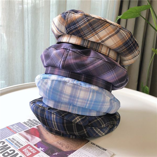 

milk blue beret children spring and autumn designer edition thin net red painter versatile casual lattice octagonal hat, Blue;gray