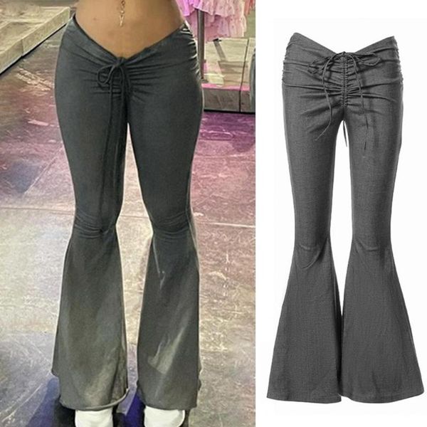 

women's pants & capris party women low waist flared drawstring vintage elastic ruched long trousers streetwear fashion, Black;white