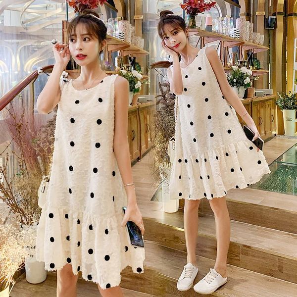 

maternity dresses high-quality spring summer pregnant women dress sleeveless wave point loose fashion pregnancy skirt cute, White