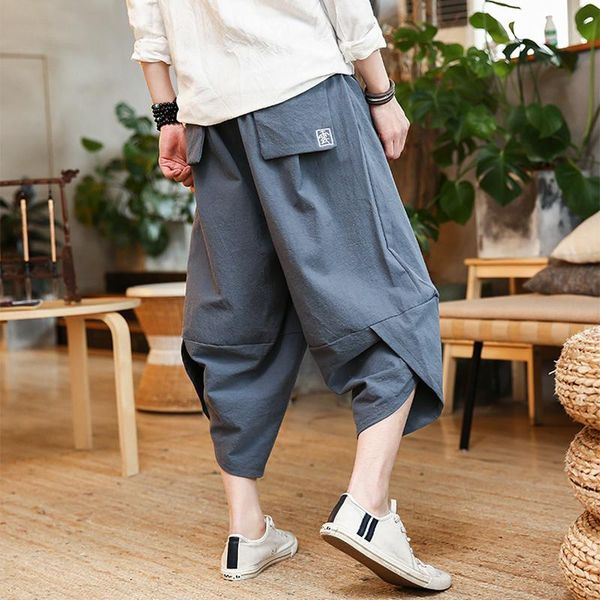 

size plus m-5xl cotton linen loose harem pants men elastic drawstring jogger male trousers chinese traditional clothes men's, Black