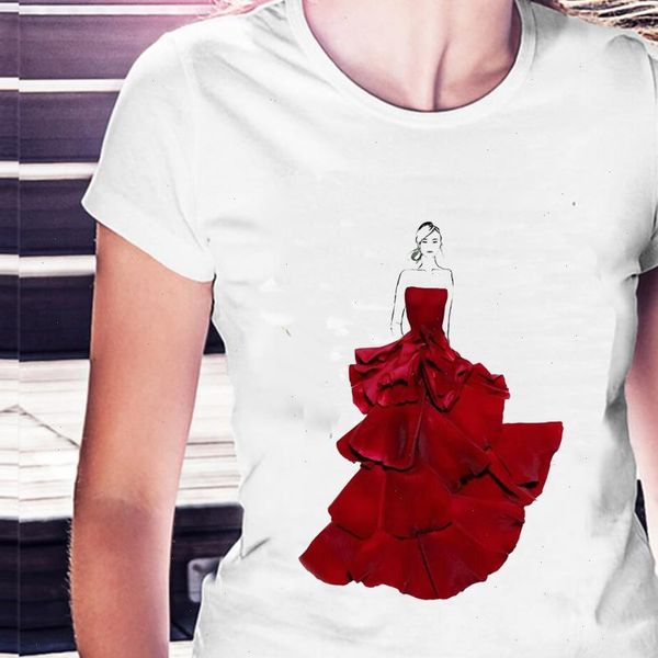 

women t shirts illustration of flowers red rose skirt print shirt vogue o neck femme harajuku summmer, White