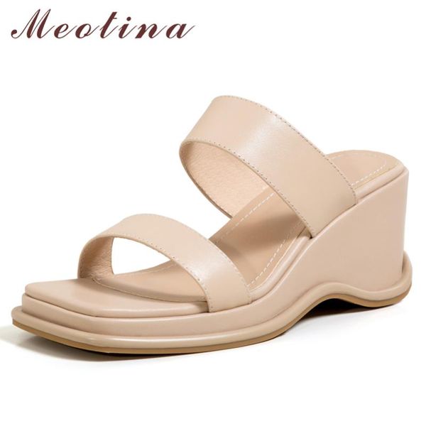 

sandals meotina women slippers shoes real leather wedges high heel slides square toe cow lady footwear summer white 42, Black