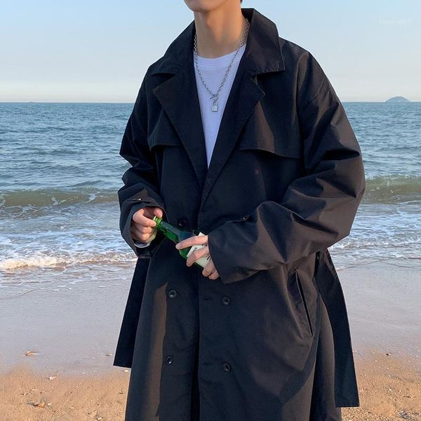 

long windbreaker coat casual full men loose jacket spring autumn streetwear trench bg50th men's coats, Tan;black
