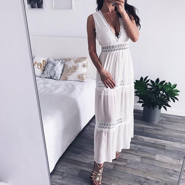 

summer v-neck lace resort sleeveless chiffon dress long skirt two piece, White