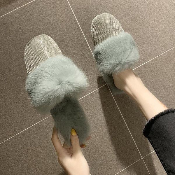 

furry women slippers 2021 autumn and winter fashion rhinestone baotou lazy, Black