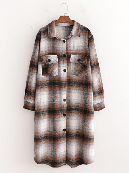 

women's wool & blends autumn winter women female casual polyester shirt plaid brand blouse outwear overcoats gjw0, Black