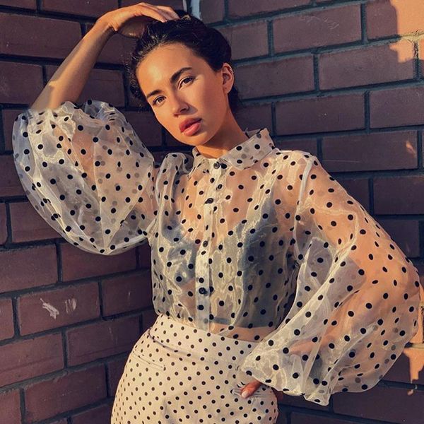 

women polka dot retro blouse lady early autumn modern mesh shirt vogue see-through loose button puff sleeve high street women's blouses, White