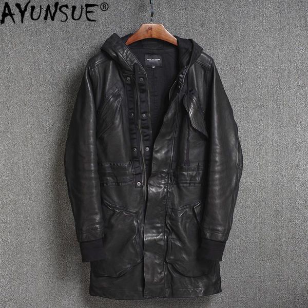 

men's leather & faux ayunsue retro genuine jacket men hooded long sheepskin coat spring autumn luxury motorcycle 2021 kj4734, Black