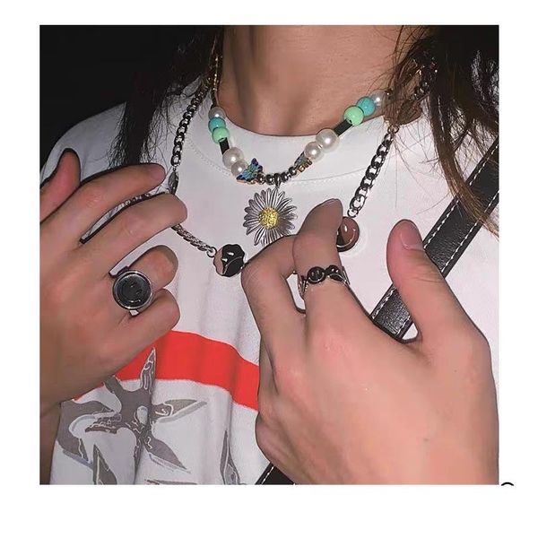 

chains butterfly daisy enamel necklace hip hop couple accessories, Silver