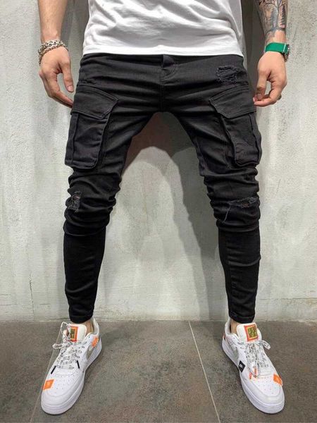 

men's jeans men multi-pocket skinny slim elasticity trousers black overalls street locomotive denim pants pencil male, Blue