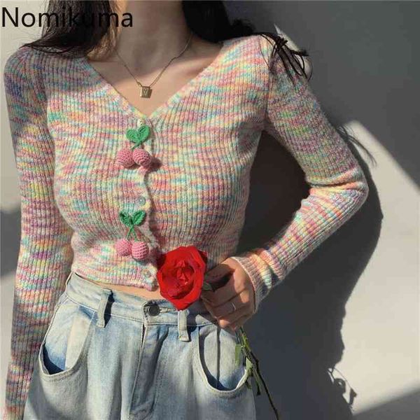 

nomikuma rainbow color korean sweet cardigan women v neck long sleeve single breasted elegant sweater female sueter mujer 3e030 210514, White;black