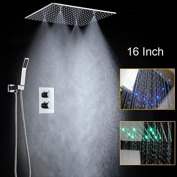 

thremostatic mixer shower faucets rain set 16 inch 2 functions head with led lights 3 colors square ceiling bath bathroom sets
