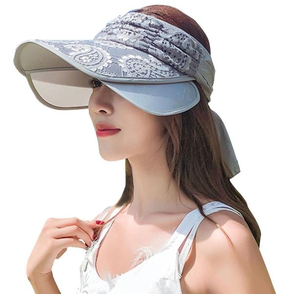 

korean style women empty lace canvas sun visor hat wide brim sunscreen adjustable beach baseball cap with chin strap dxaa hats, Blue;gray