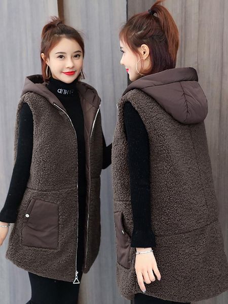 

women's vests winter jacket pocket hooded coat warm casual cotton padded vest female slim sleeveless wool long plus size 3xl women, Black;white