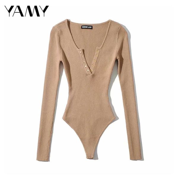 Yüksek Moda Katı Örme Derin V Boyun Düğmeler Ile Playsuits Ince Uzun Kollu Siyah Mavi Tulumlar Kadınlar için 210622