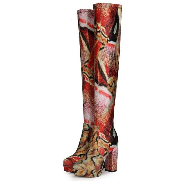 

spring fashion stretch boots over the knee printing super high heel special fabric women's shoes for women, Black