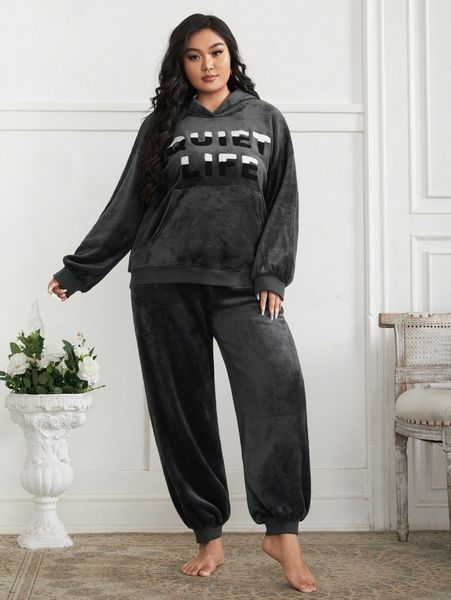 

plus letter pattern drop shoulder teddy hoodie & pants pj set k5vv#, Black;white