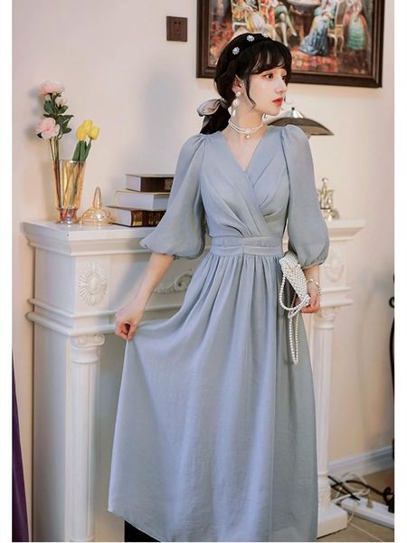 

casual dresses dandelion girl summer clothes for women french retro blue gentle style dress v-neck chic pleated lantern sleeve vestidos, Black;gray