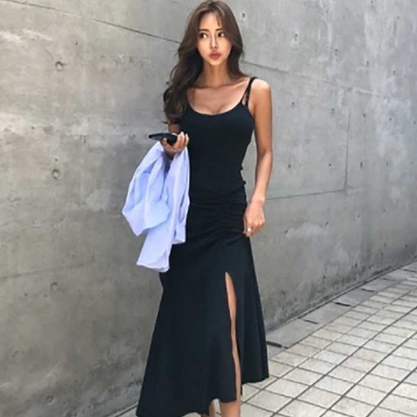 

summer holiday high street v neck black spaghetti strap side splits irregular dress women sleeveless retro drawstring waist 210610, Black;gray