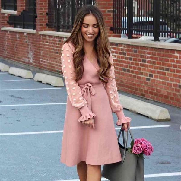 

mesh long sleeve winter dress women autumn knitted sweater elegant pleated midi fashion basic vestidos 210415, Black;gray