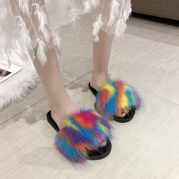 

colorful furry slippers women comfy soft soled open toe hairy ladies shoes european winter indoor anti-skid rainbow fur slides, Black