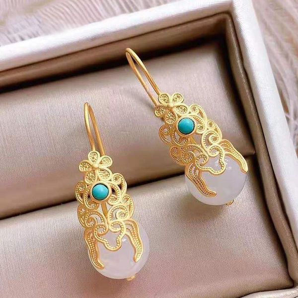 

dangle & chandelier silver inlaid natural an jade turquoise drop earrings chinese classical national style elegant women's brand jewelr