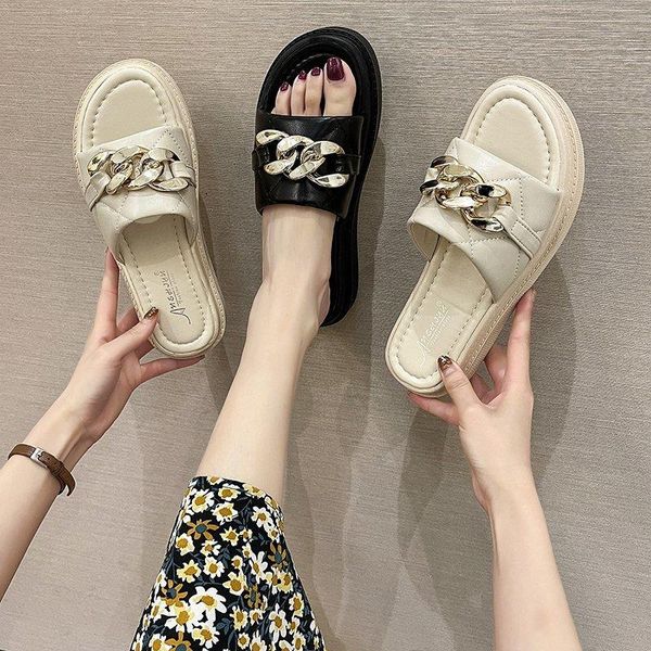 

flat shoes female slippers women summer slides fashion pantofle platform med beach luxury 2021 soft rubber pu fla, Black