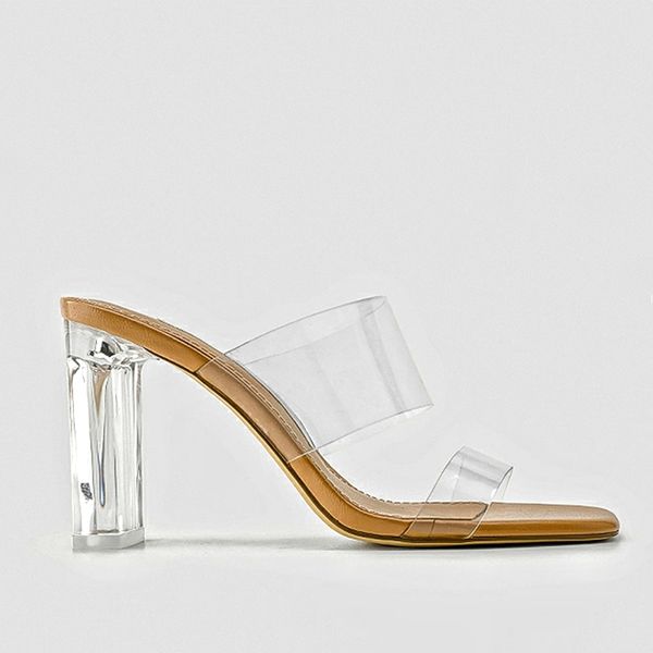 

summer sandals woman high heels fashion transparent heel hollow breathable square toe female clear heels casual slippers shoes, Black