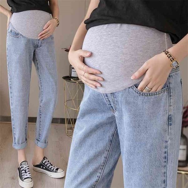 8865 # Primavera verão jeans maternidade reta jeans cintura alta barriga calças de harém para mulheres grávidas soltas calças gravidez 210918