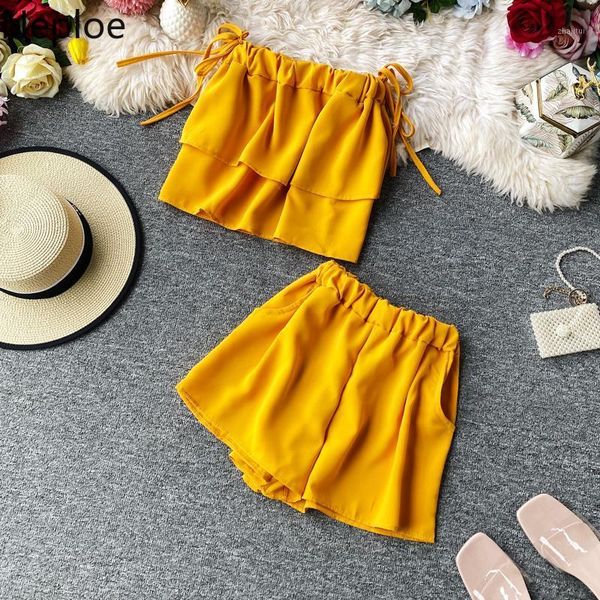 

two piece dress neploe 2021 summer beach style women pullover ruffled + shorts 2pcs casual set solid sling blouse 1c558, White