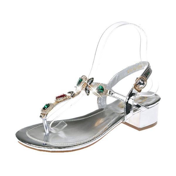 

european thong sandals female 2021 womens shoes rhinestone rough with open heel summer fashion korean beach, Black