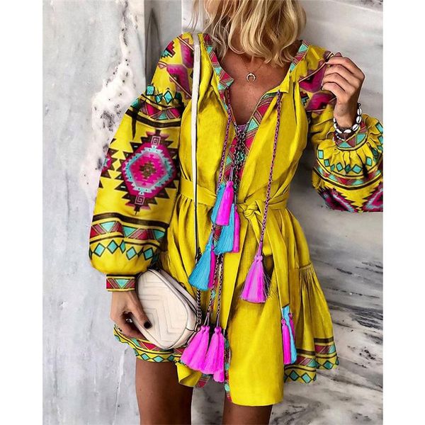 

vintage women boho floral long sleeve short dress ladies v neck holiday party mini tassels lantern casual dresses, Black;gray